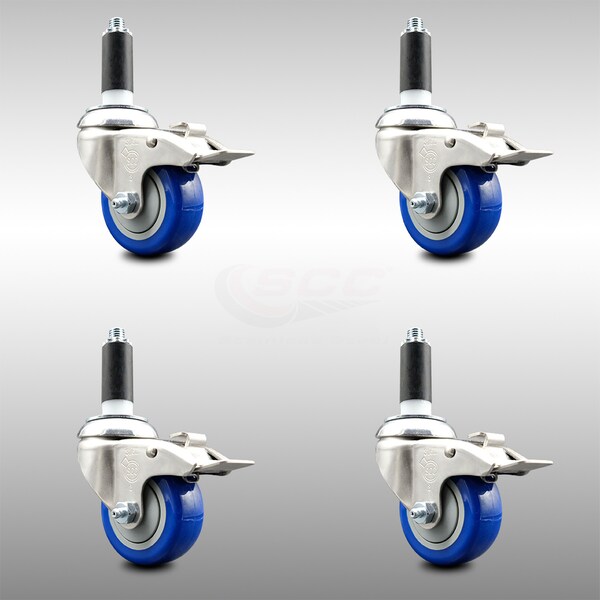Service Caster 3 Inch 316SS Blue Poly Swivel 1-1/8 Inch Expanding Stem Caster Set Lock Brake SCC-SS316TTLEX20S314-PPUB-BLUE-118-4 - main